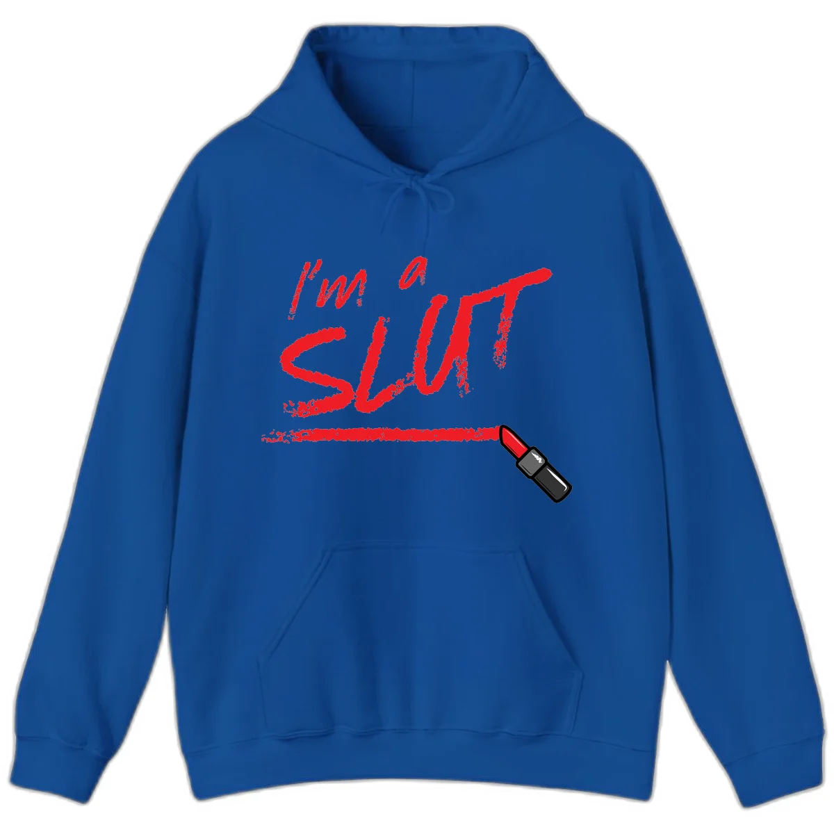 Bold red text reading 'I'm a slut' with red lipstick illustration below on gray background in Royal