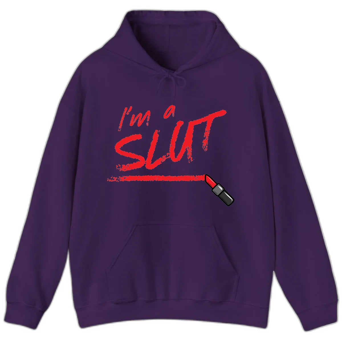 Bold red text reading 'I'm a slut' with red lipstick illustration below on gray background in Purple
