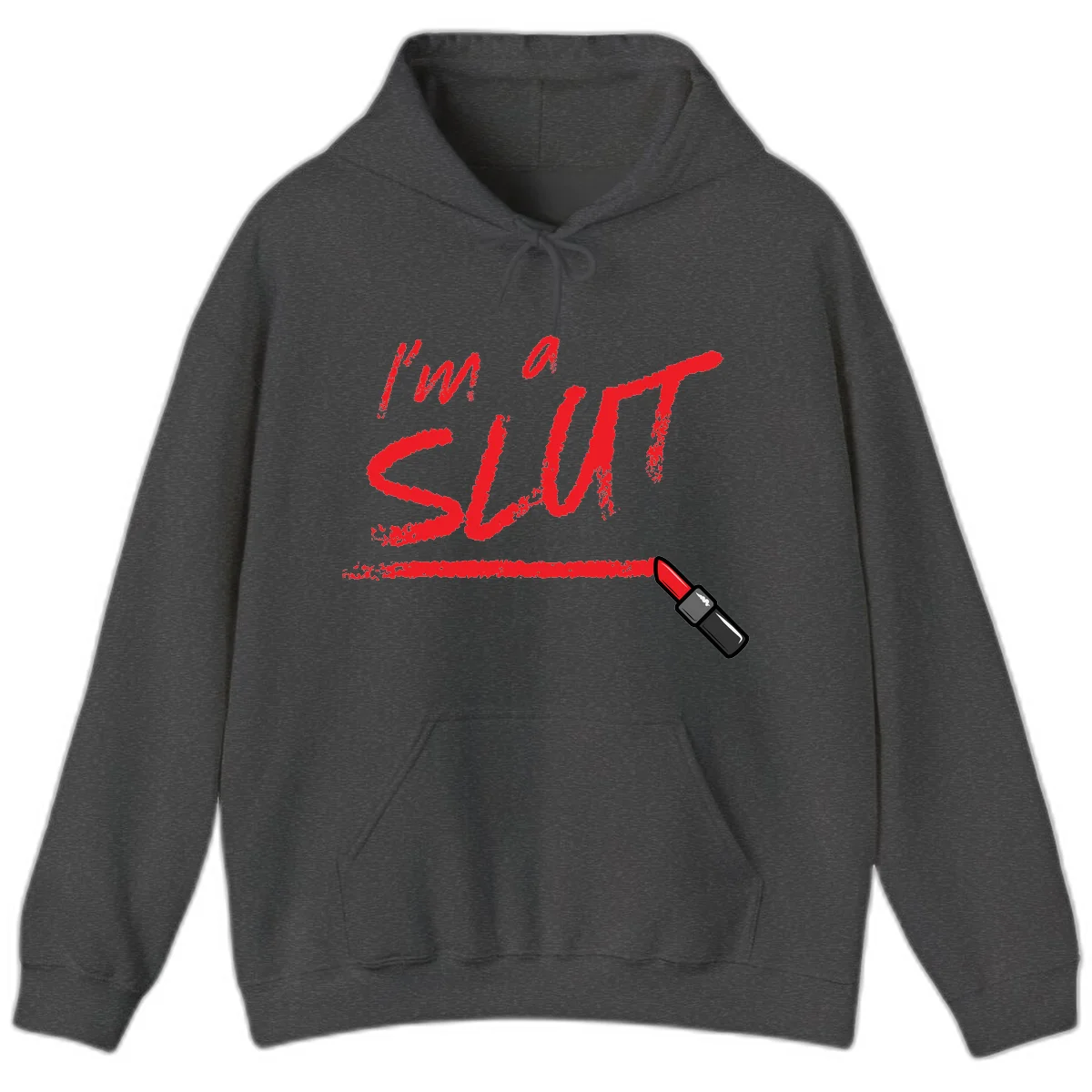 Bold red text reading 'I'm a slut' with red lipstick illustration below on gray background in Dark Heather