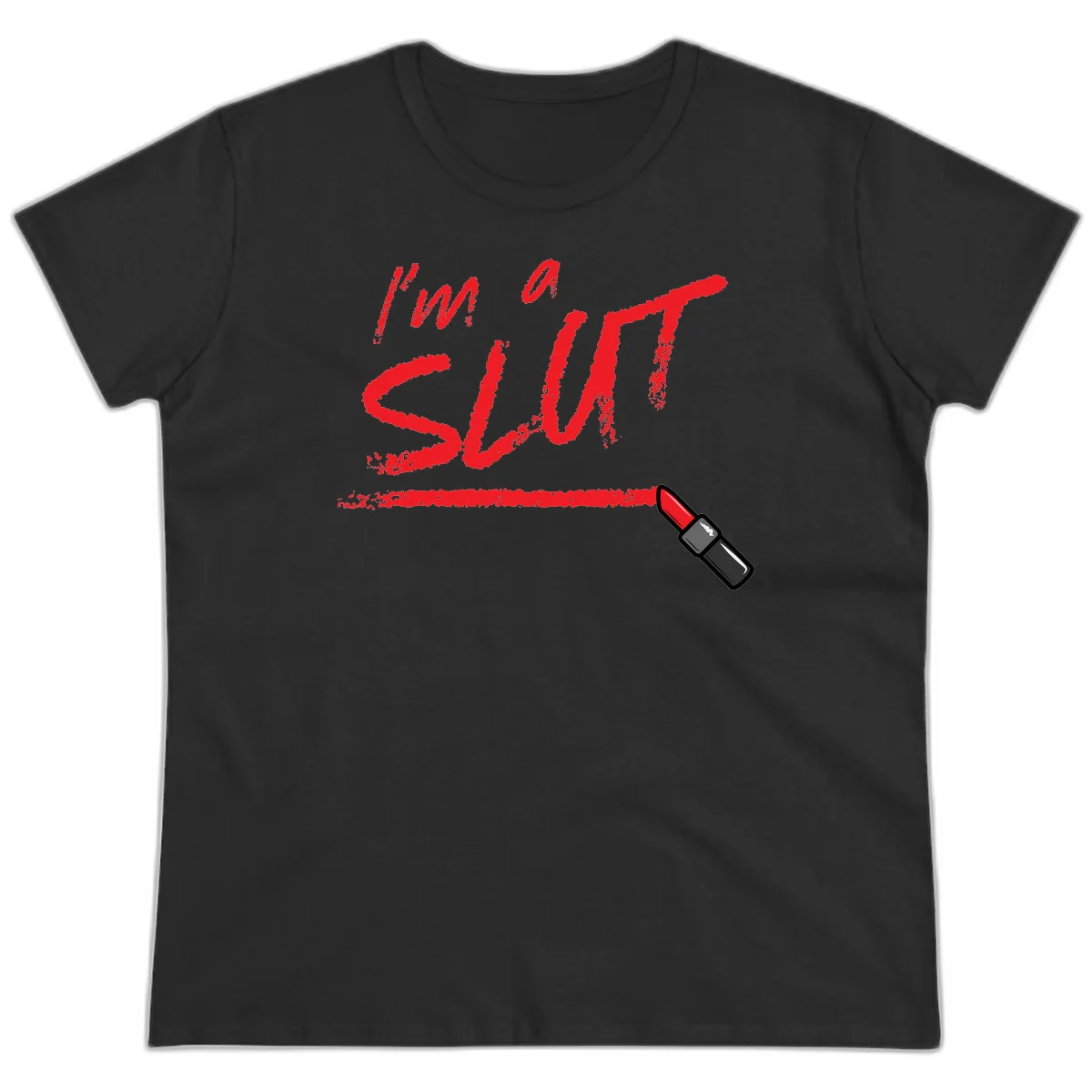 Bold red text reading 'I'm a slut' with red lipstick illustration below on gray background in Black