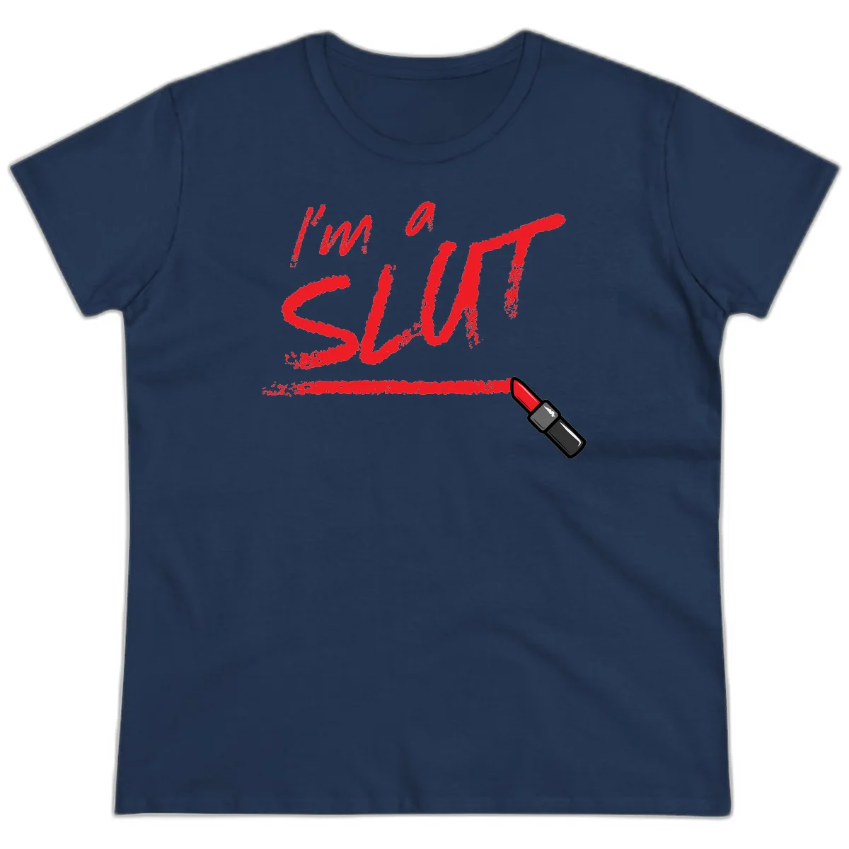 Bold red text reading 'I'm a slut' with red lipstick illustration below on gray background in Navy
