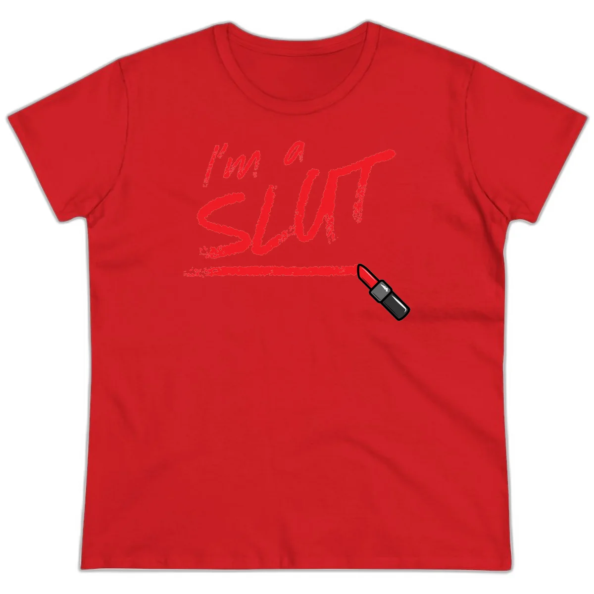 Bold red text reading 'I'm a slut' with red lipstick illustration below on gray background in Red