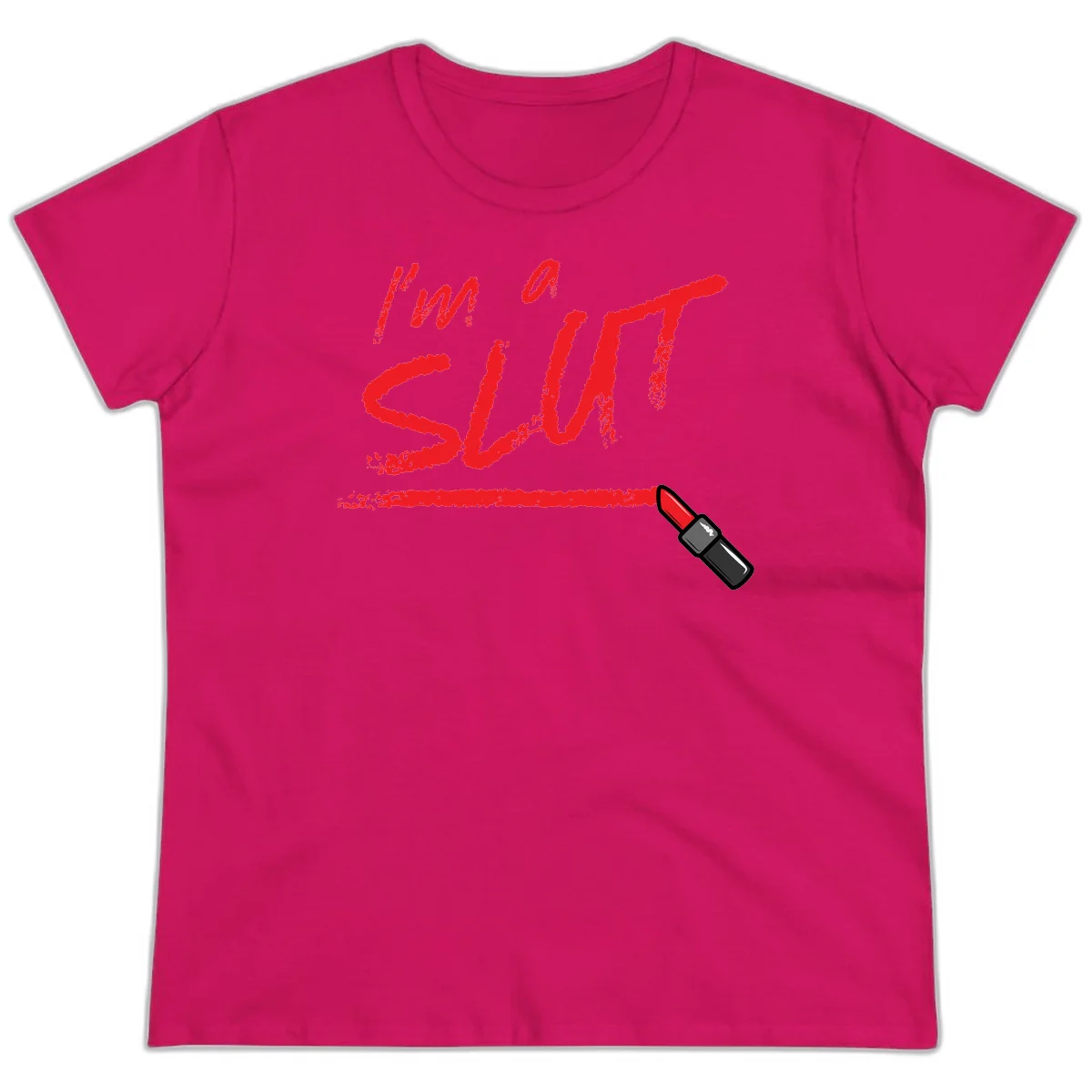 Bold red text reading 'I'm a slut' with red lipstick illustration below on gray background in Heliconia