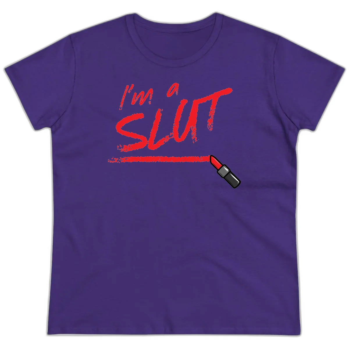 Bold red text reading 'I'm a slut' with red lipstick illustration below on gray background in Purple