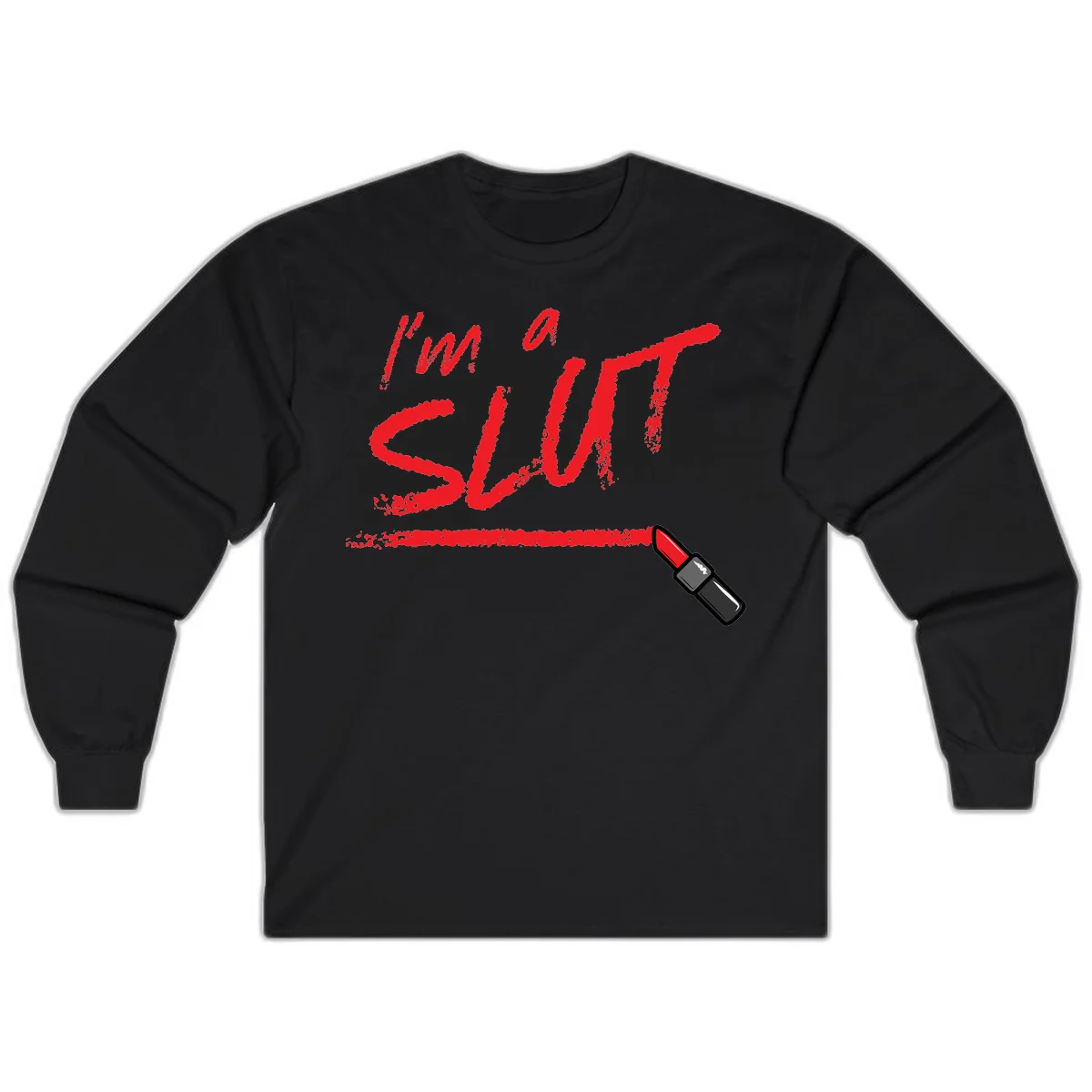 Bold red text reading 'I'm a slut' with red lipstick illustration below on gray background in Black