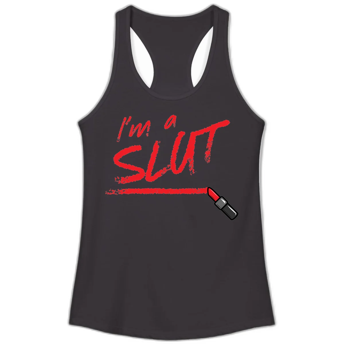 Bold red text reading 'I'm a slut' with red lipstick illustration below on gray background in Black
