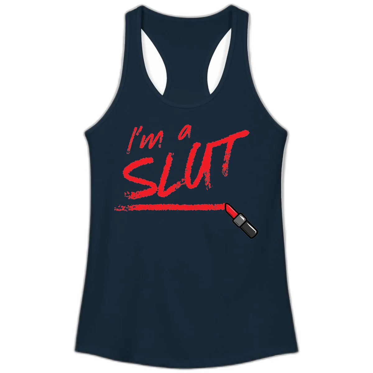Bold red text reading 'I'm a slut' with red lipstick illustration below on gray background in Solid Midnight Navy
