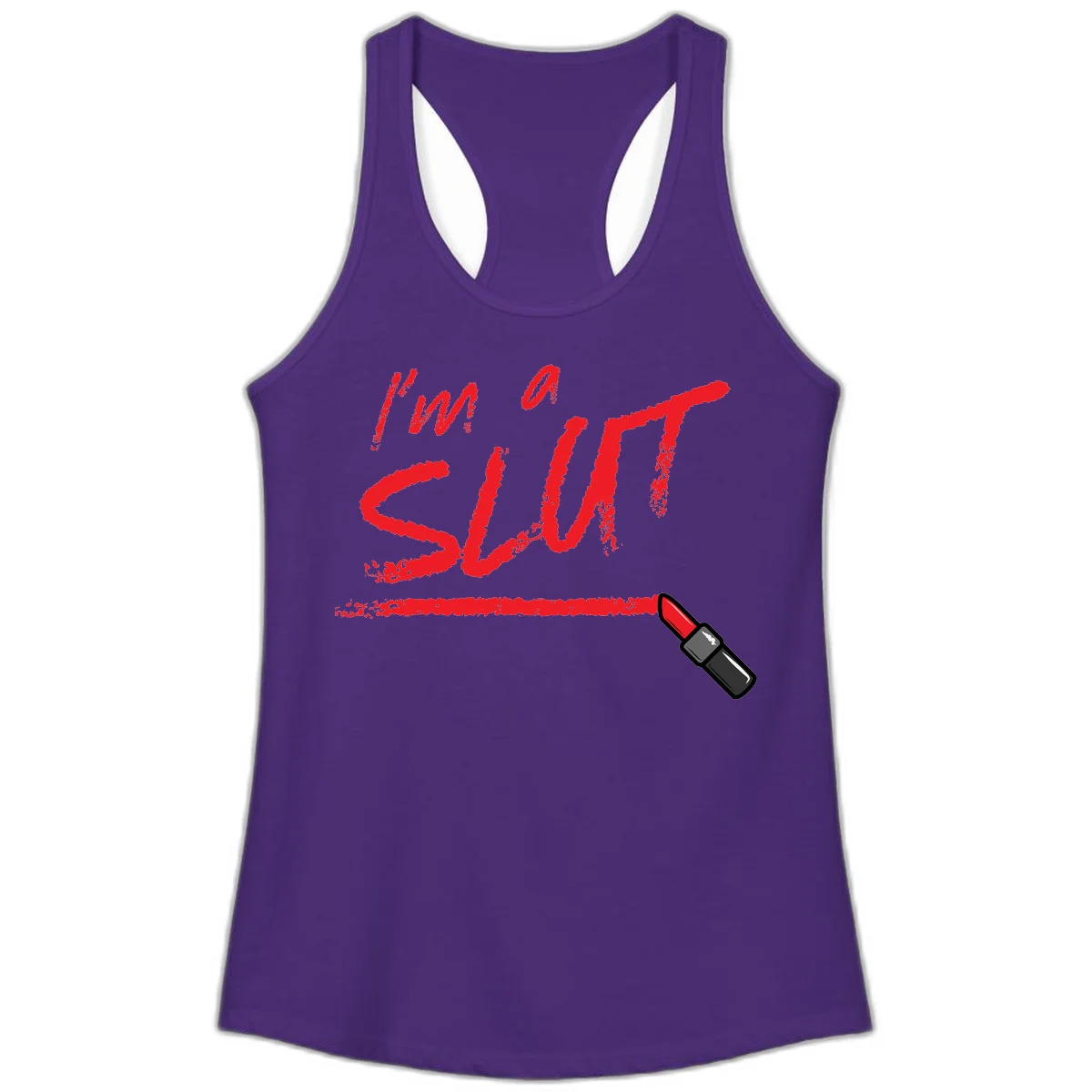 Bold red text reading 'I'm a slut' with red lipstick illustration below on gray background in Solid Purple Rush