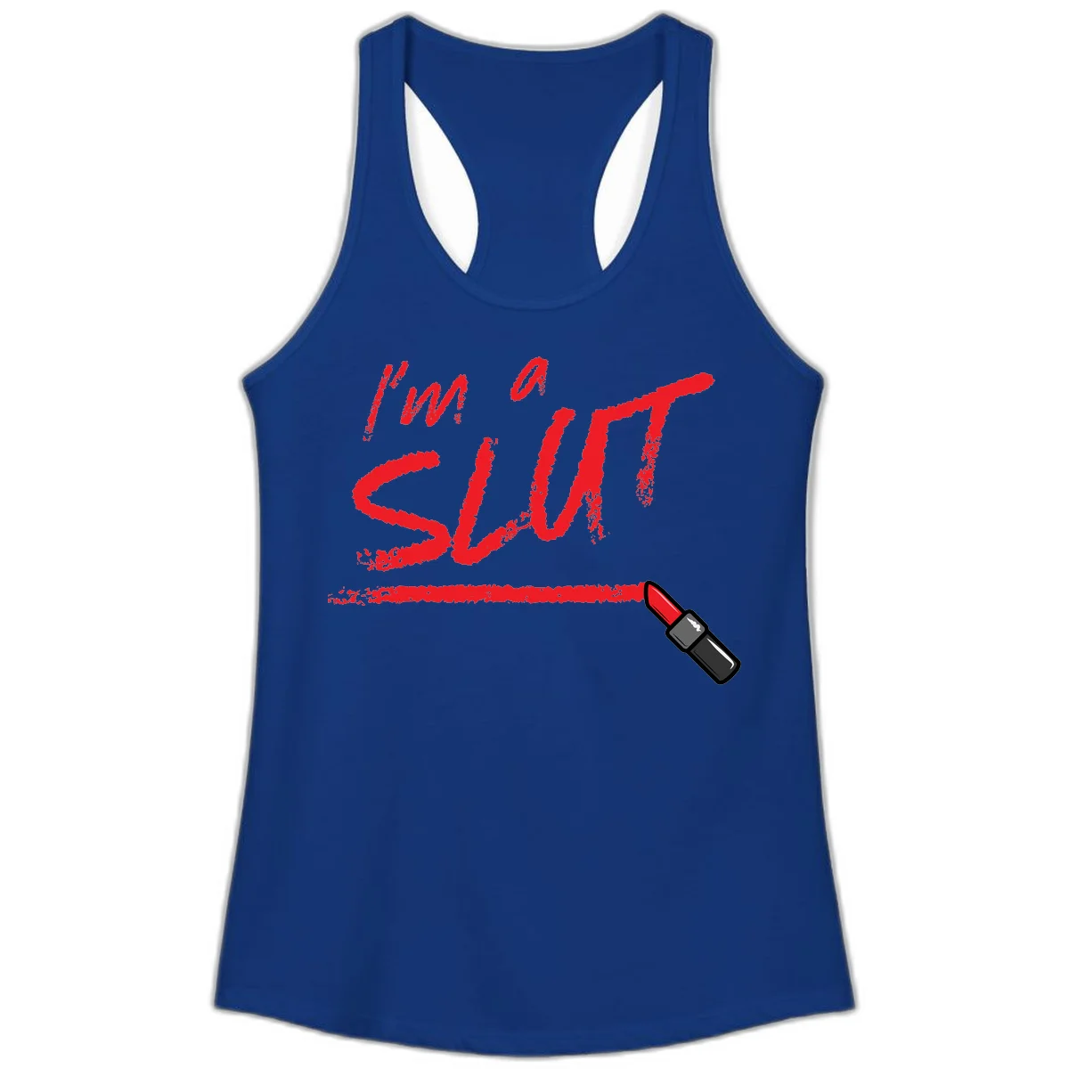 Bold red text reading 'I'm a slut' with red lipstick illustration below on gray background in Solid Royal