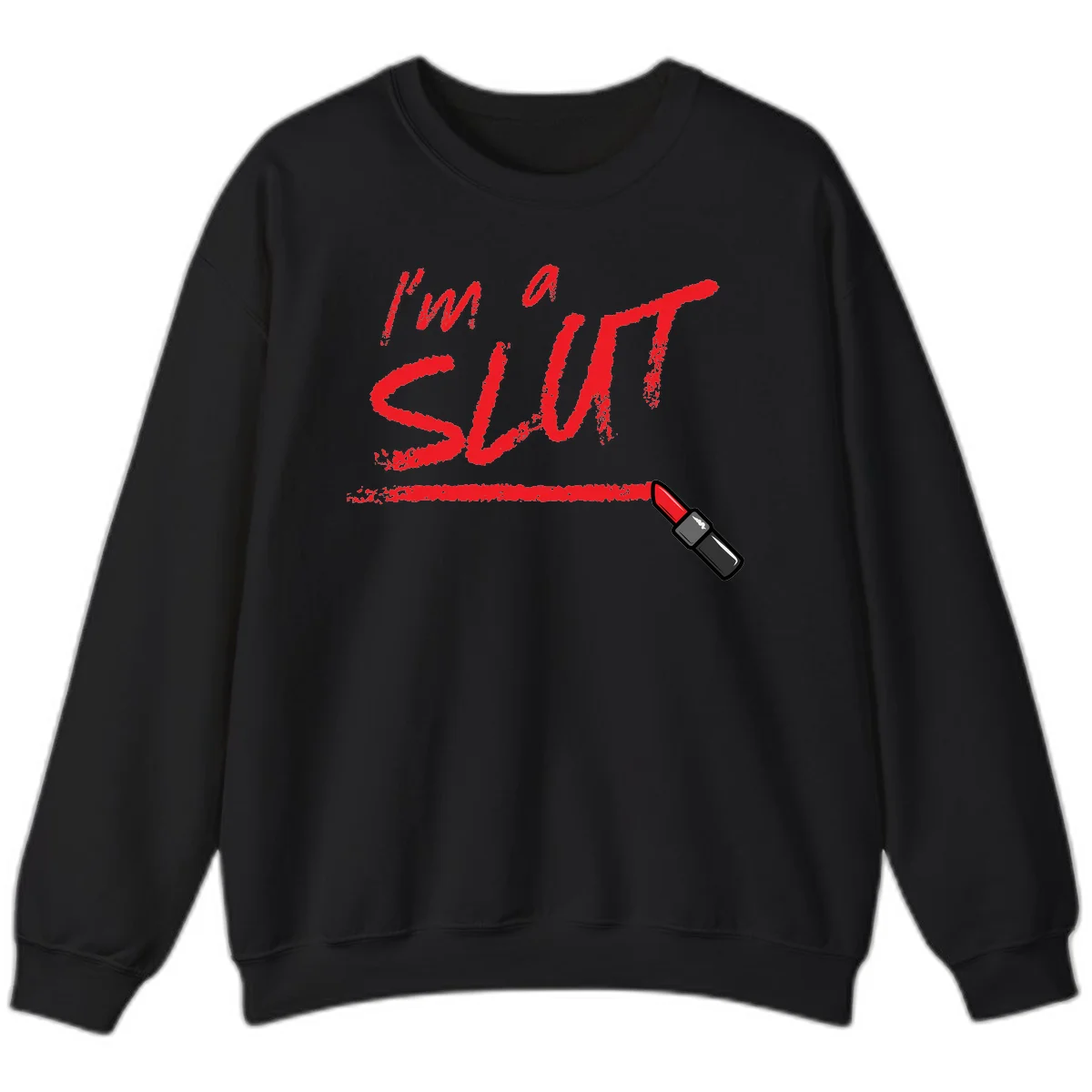 Bold red text reading 'I'm a slut' with red lipstick illustration below on gray background in Black