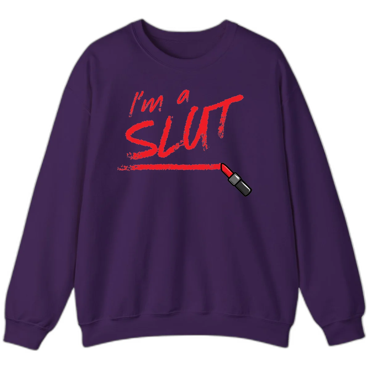 Bold red text reading 'I'm a slut' with red lipstick illustration below on gray background in Purple