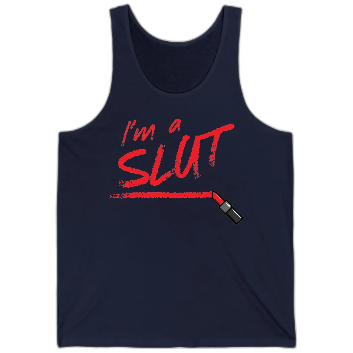 Bold red text reading 'I'm a slut' with red lipstick illustration below on gray background in Navy