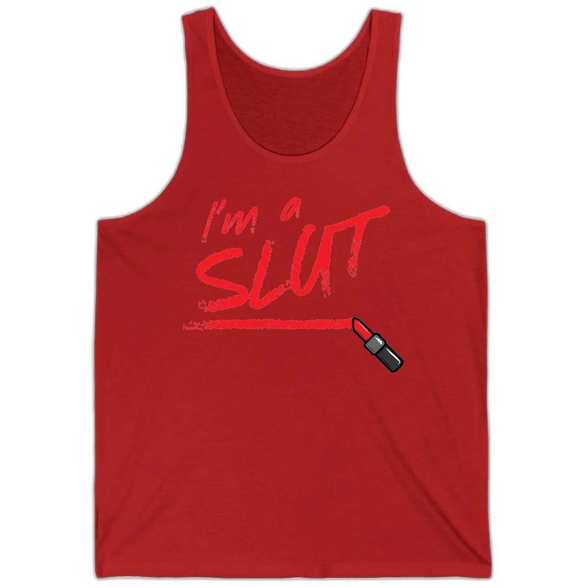 Bold red text reading 'I'm a slut' with red lipstick illustration below on gray background in Red