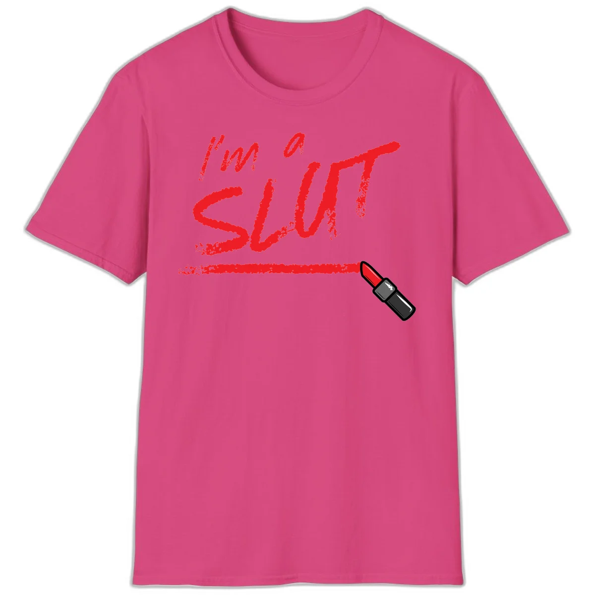 Bold red text reading 'I'm a slut' with red lipstick illustration below on gray background in Heliconia