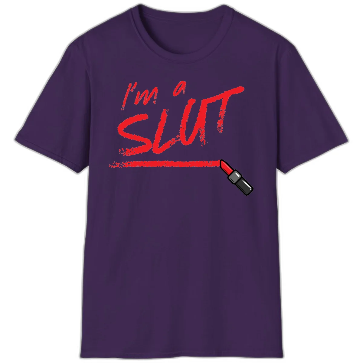 Bold red text reading 'I'm a slut' with red lipstick illustration below on gray background in Purple