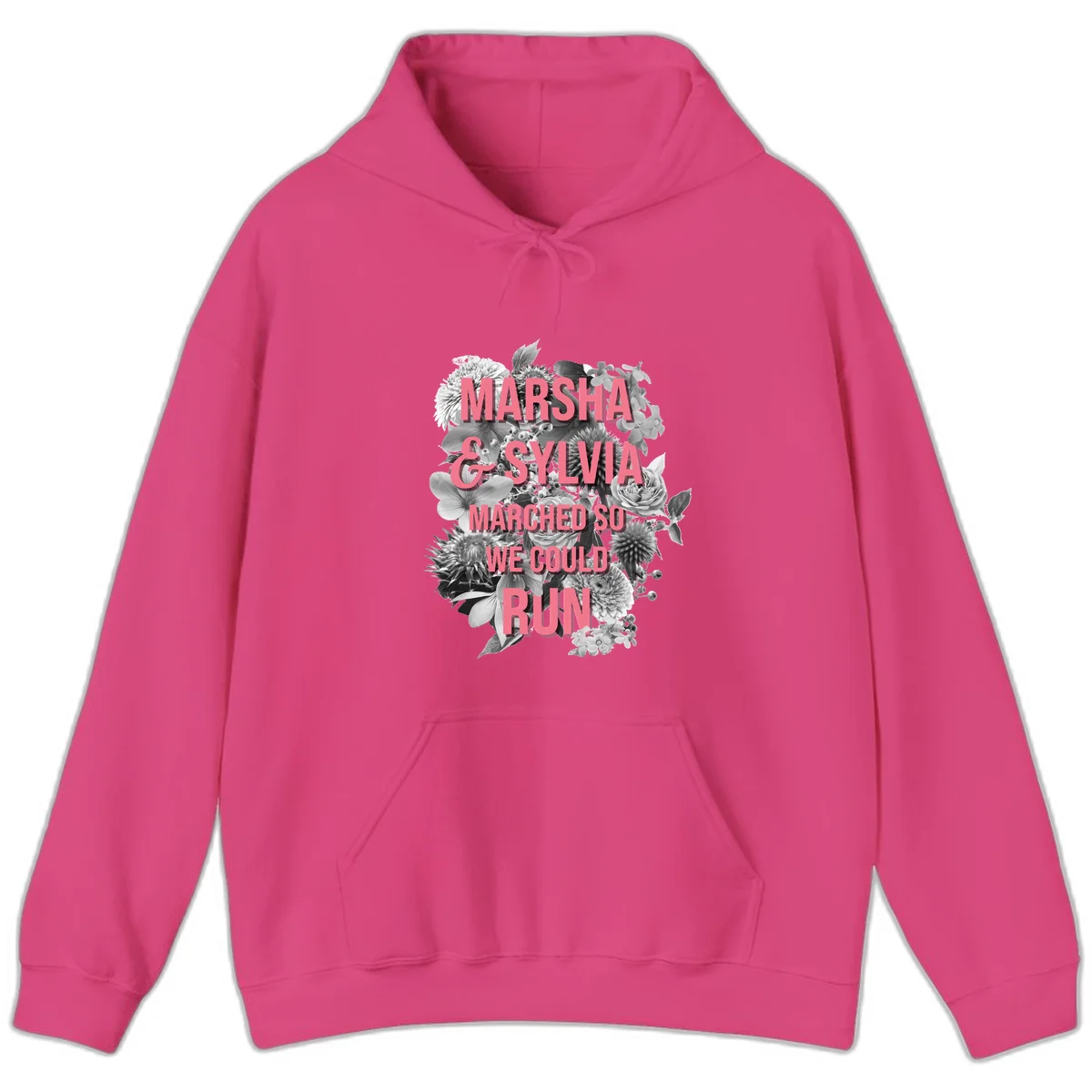 Pink text reading 'Marsha & Sylvia Marched So We Could Run' overlaid on black and white floral arrangement with roses and dahlias in Heliconia