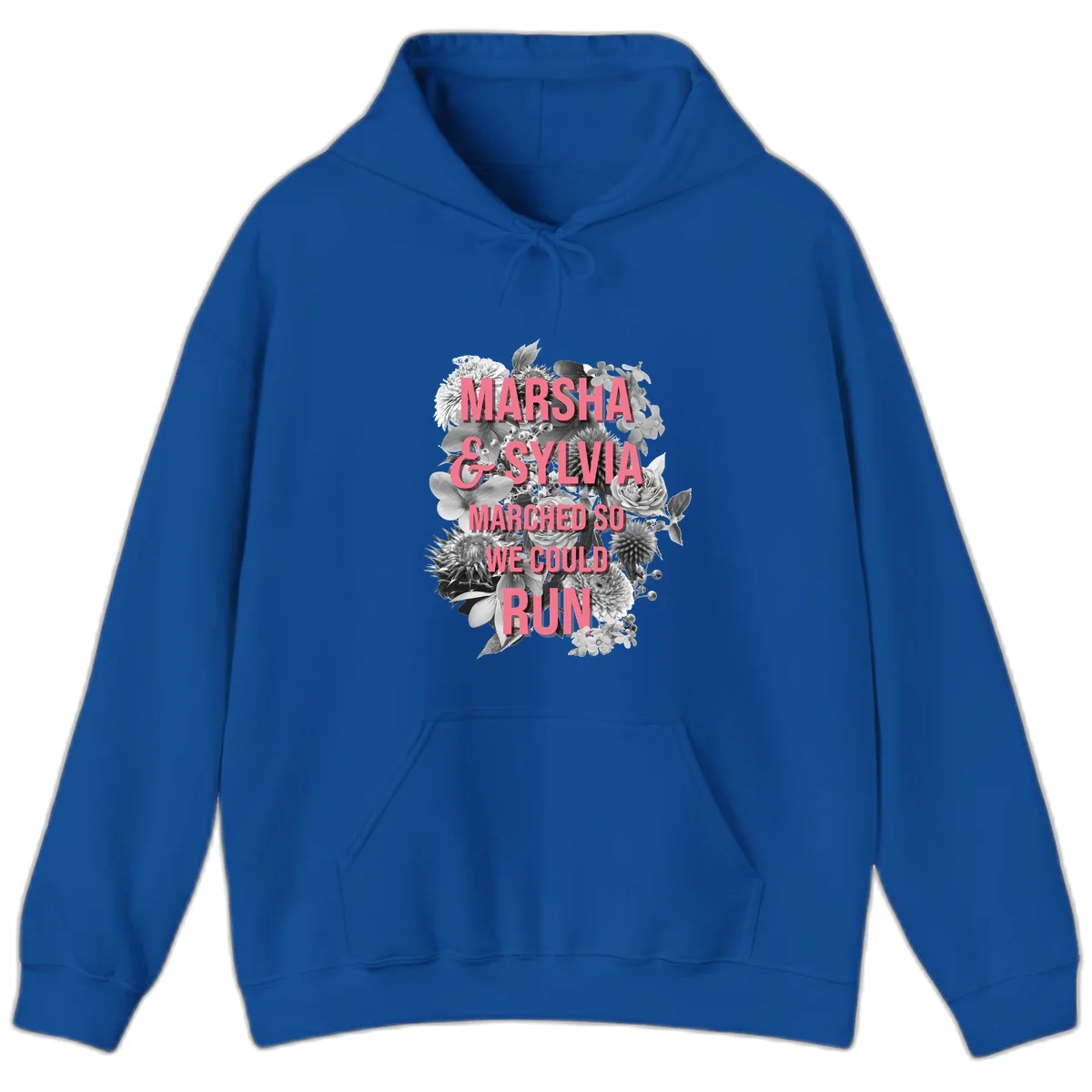 Pink text reading 'Marsha & Sylvia Marched So We Could Run' overlaid on black and white floral arrangement with roses and dahlias in Royal