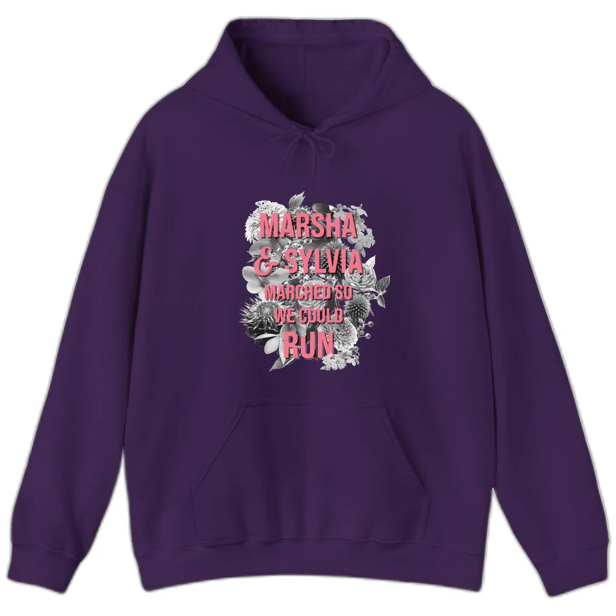 Pink text reading 'Marsha & Sylvia Marched So We Could Run' overlaid on black and white floral arrangement with roses and dahlias in Purple