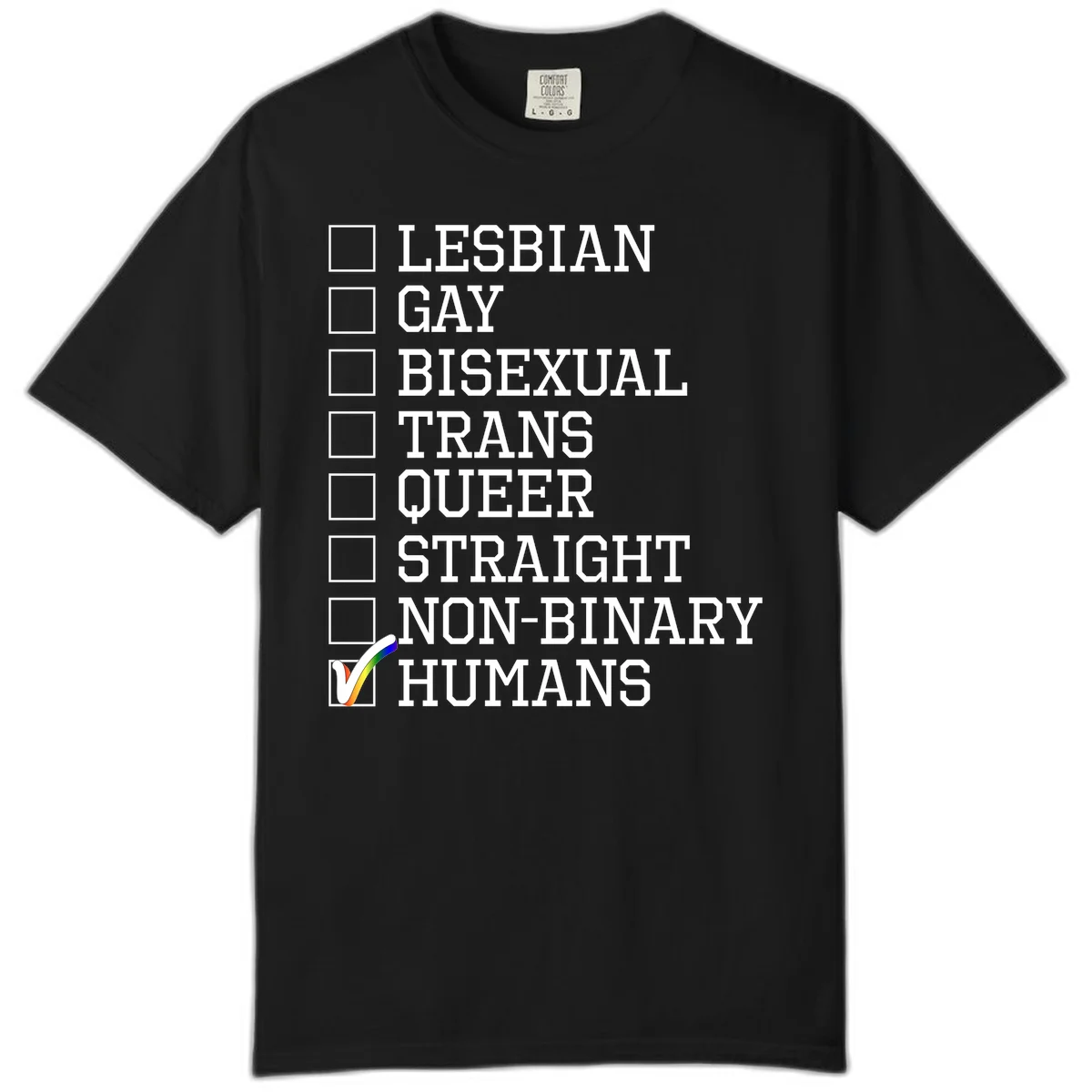LGBTQ humans checklist design with empty checkboxes next to identity labels and a checked box with rainbow flag next to humans in Black