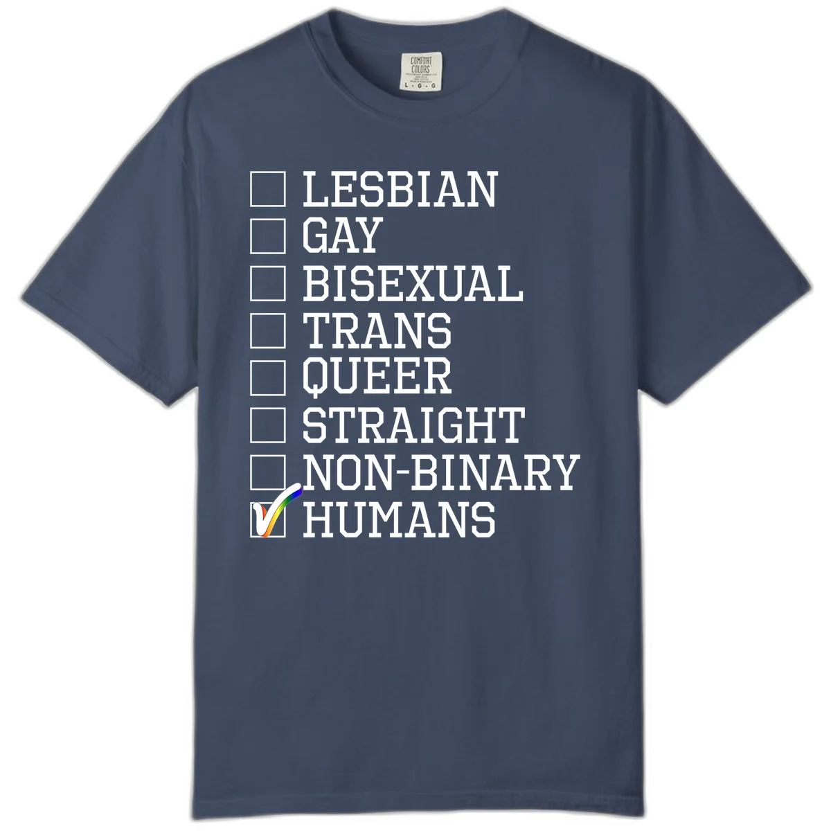 LGBTQ humans checklist design with empty checkboxes next to identity labels and a checked box with rainbow flag next to humans in Midnight