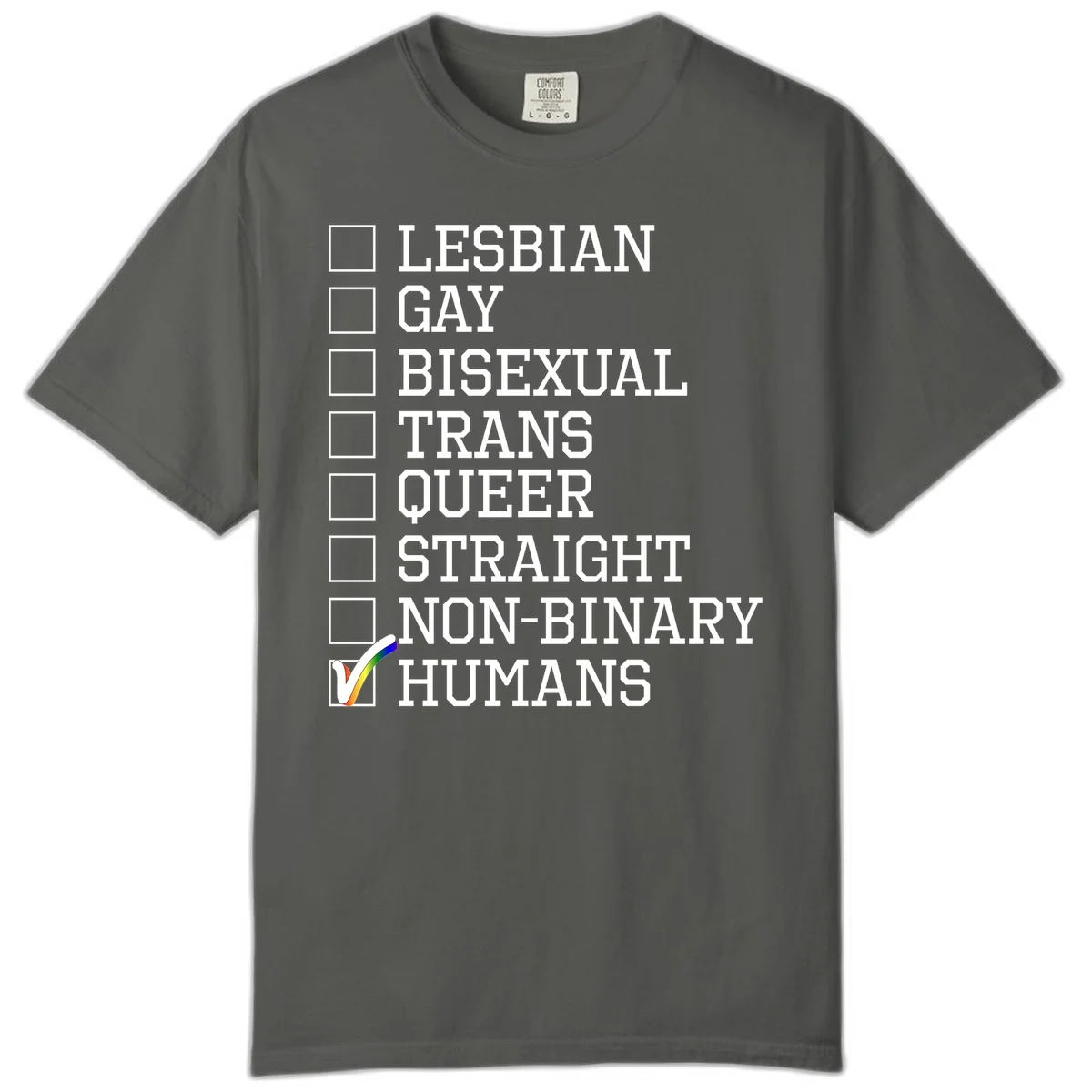 LGBTQ humans checklist design with empty checkboxes next to identity labels and a checked box with rainbow flag next to humans in Pepper