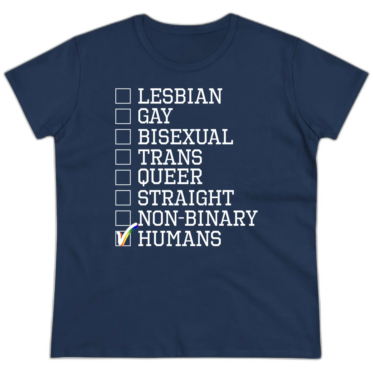 LGBTQ humans checklist design with empty checkboxes next to identity labels and a checked box with rainbow flag next to humans in Navy
