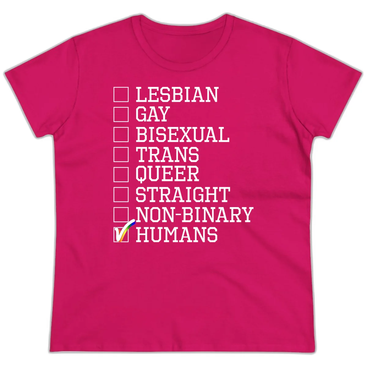 LGBTQ humans checklist design with empty checkboxes next to identity labels and a checked box with rainbow flag next to humans in Heliconia