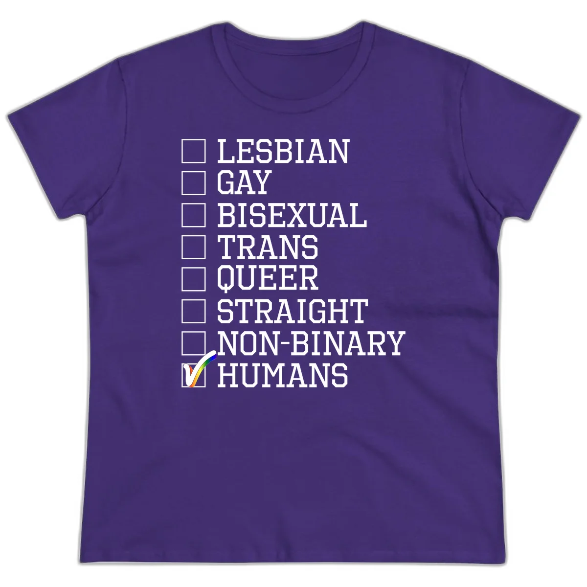 LGBTQ humans checklist design with empty checkboxes next to identity labels and a checked box with rainbow flag next to humans in Purple