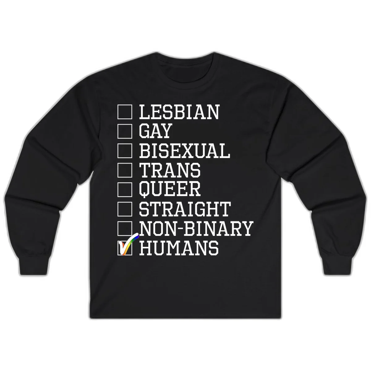 LGBTQ humans checklist design with empty checkboxes next to identity labels and a checked box with rainbow flag next to humans in Black