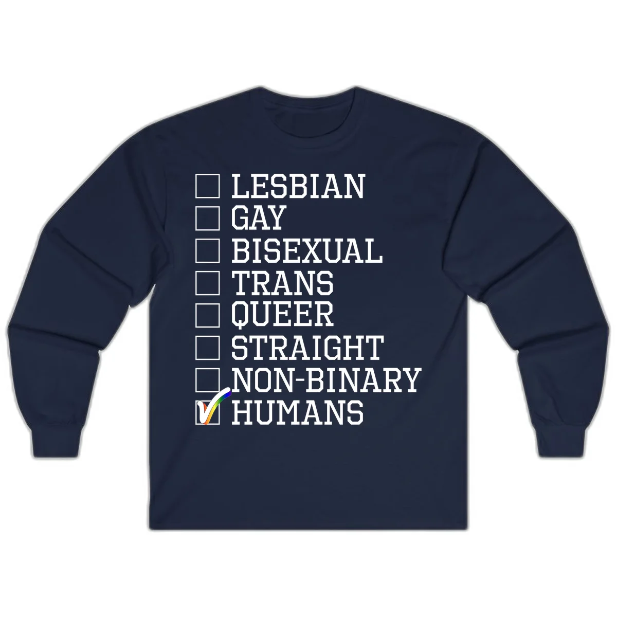 LGBTQ humans checklist design with empty checkboxes next to identity labels and a checked box with rainbow flag next to humans in Navy