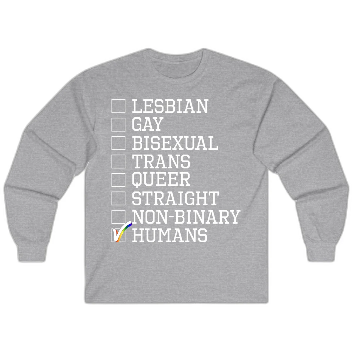 LGBTQ humans checklist design with empty checkboxes next to identity labels and a checked box with rainbow flag next to humans in Sport Grey