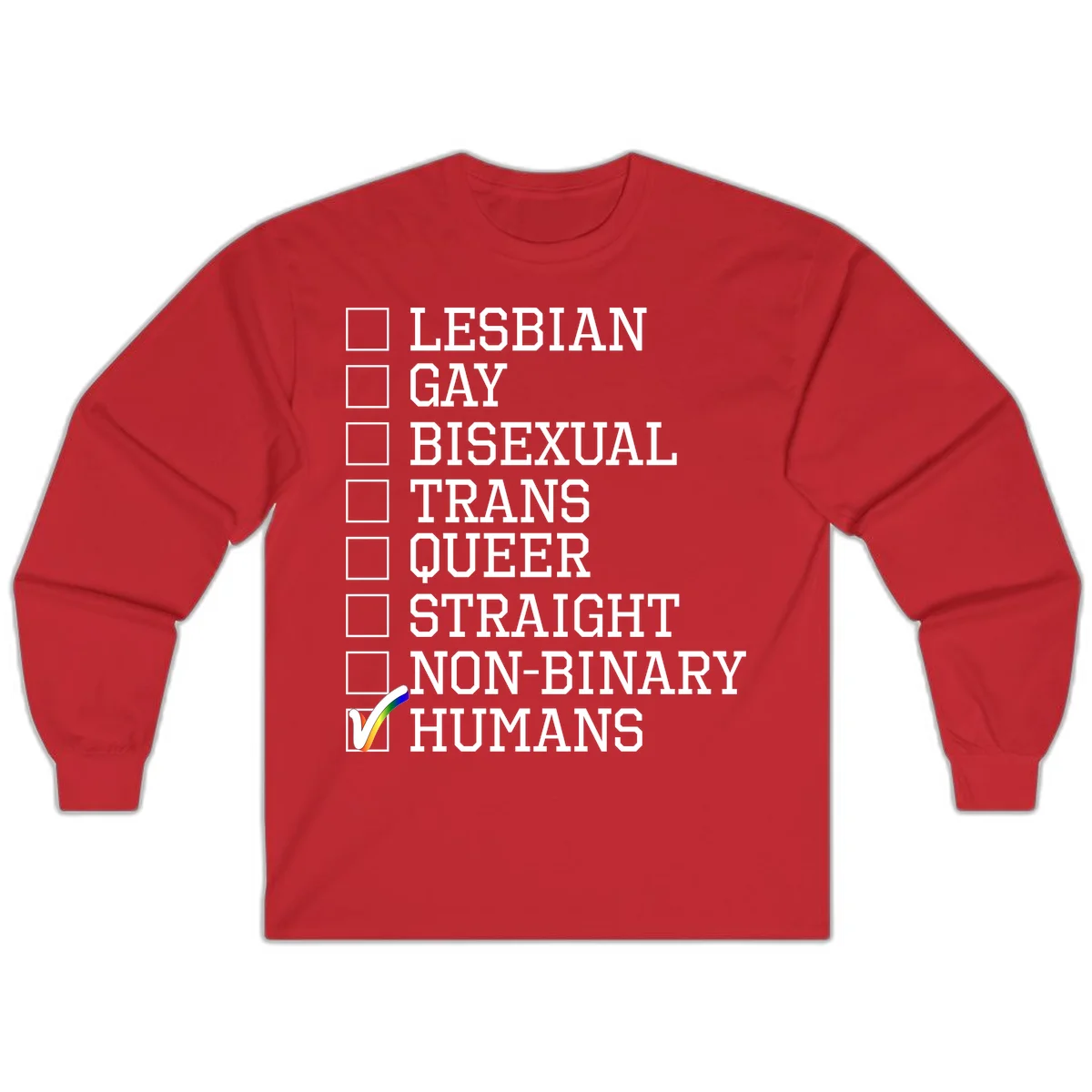 LGBTQ humans checklist design with empty checkboxes next to identity labels and a checked box with rainbow flag next to humans in Red