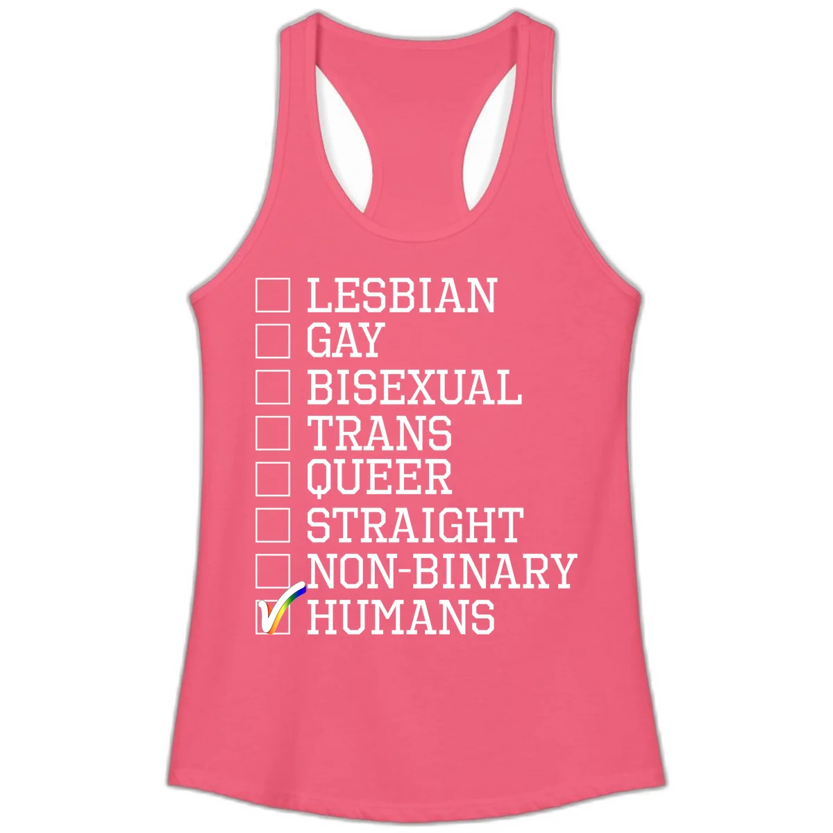 LGBTQ humans checklist design with empty checkboxes next to identity labels and a checked box with rainbow flag next to humans in Hot Pink
