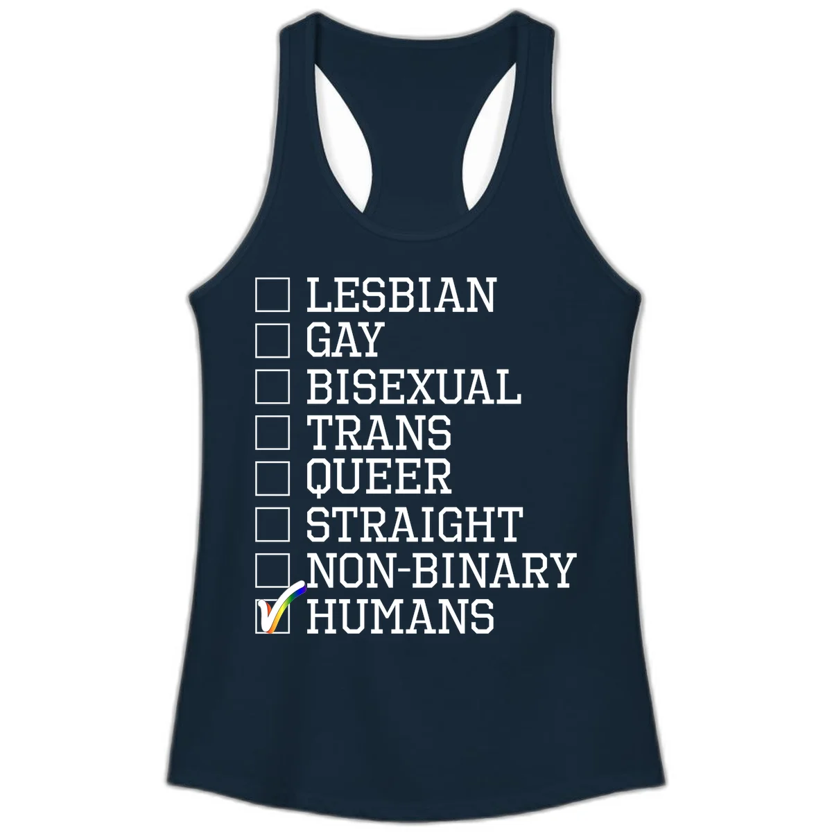 LGBTQ humans checklist design with empty checkboxes next to identity labels and a checked box with rainbow flag next to humans in Solid Midnight Navy