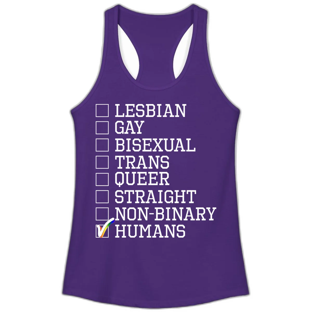 LGBTQ humans checklist design with empty checkboxes next to identity labels and a checked box with rainbow flag next to humans in Solid Purple Rush