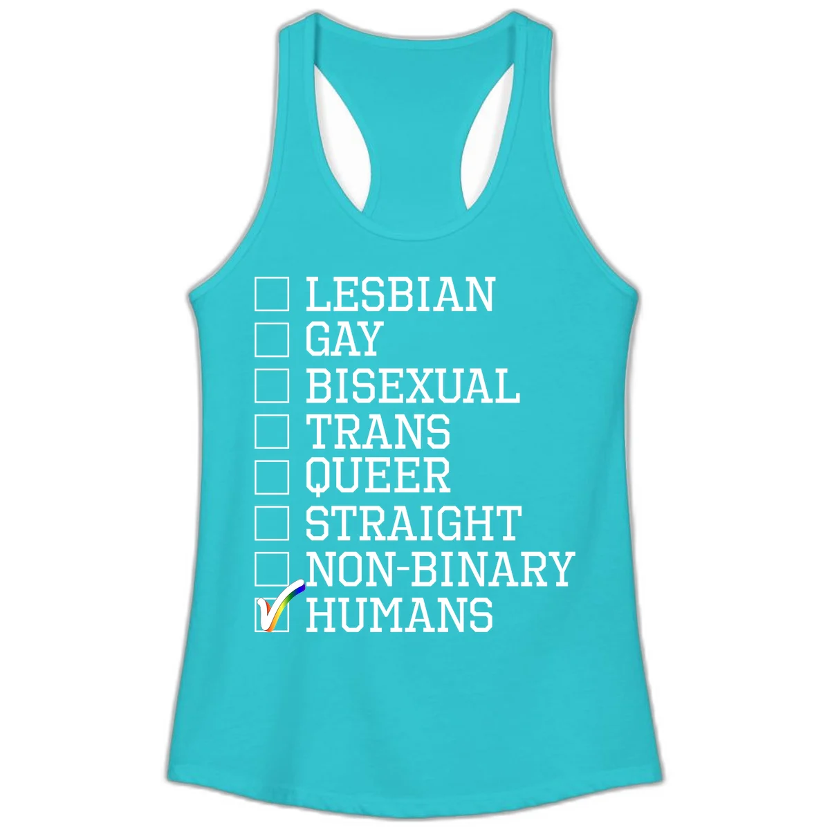 LGBTQ humans checklist design with empty checkboxes next to identity labels and a checked box with rainbow flag next to humans in Solid Tahiti Blue