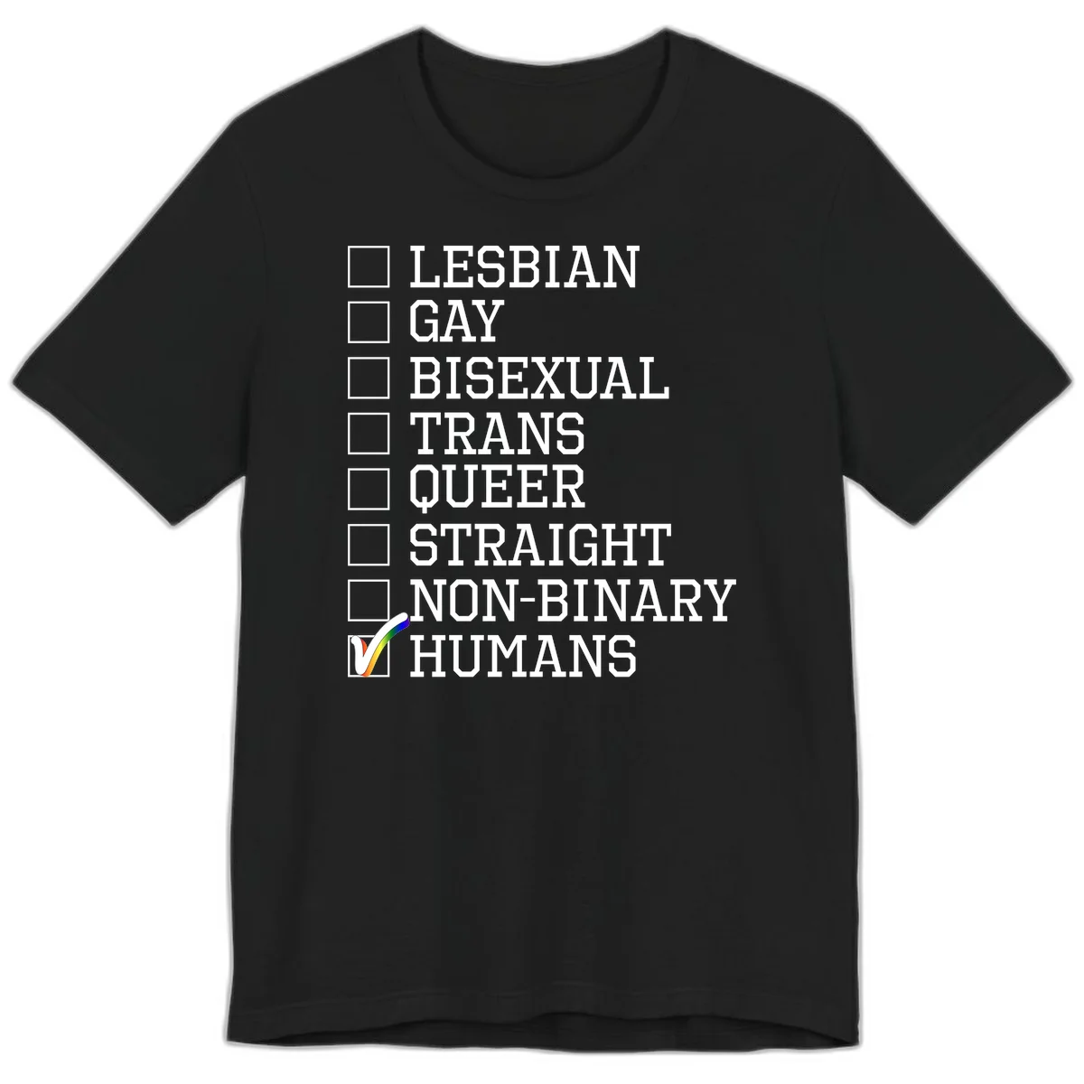 LGBTQ humans checklist design with empty checkboxes next to identity labels and a checked box with rainbow flag next to humans in Black
