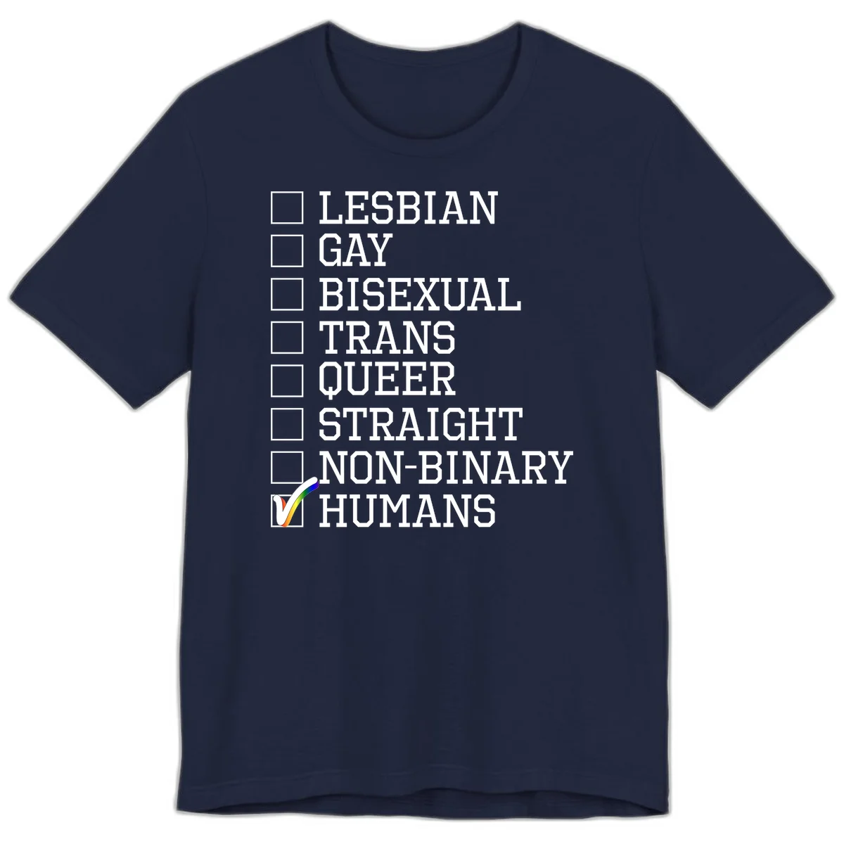 LGBTQ humans checklist design with empty checkboxes next to identity labels and a checked box with rainbow flag next to humans in Navy