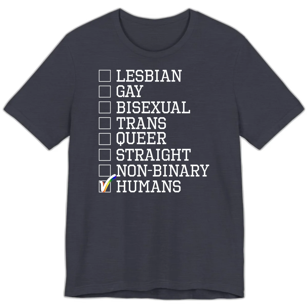 LGBTQ humans checklist design with empty checkboxes next to identity labels and a checked box with rainbow flag next to humans in Heather Midnight Navy