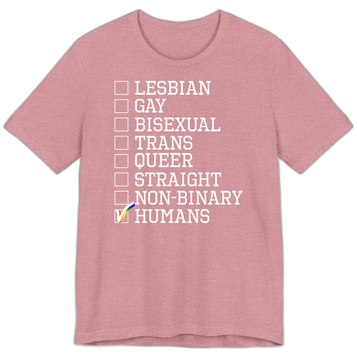 LGBTQ humans checklist design with empty checkboxes next to identity labels and a checked box with rainbow flag next to humans in Heather Orchid