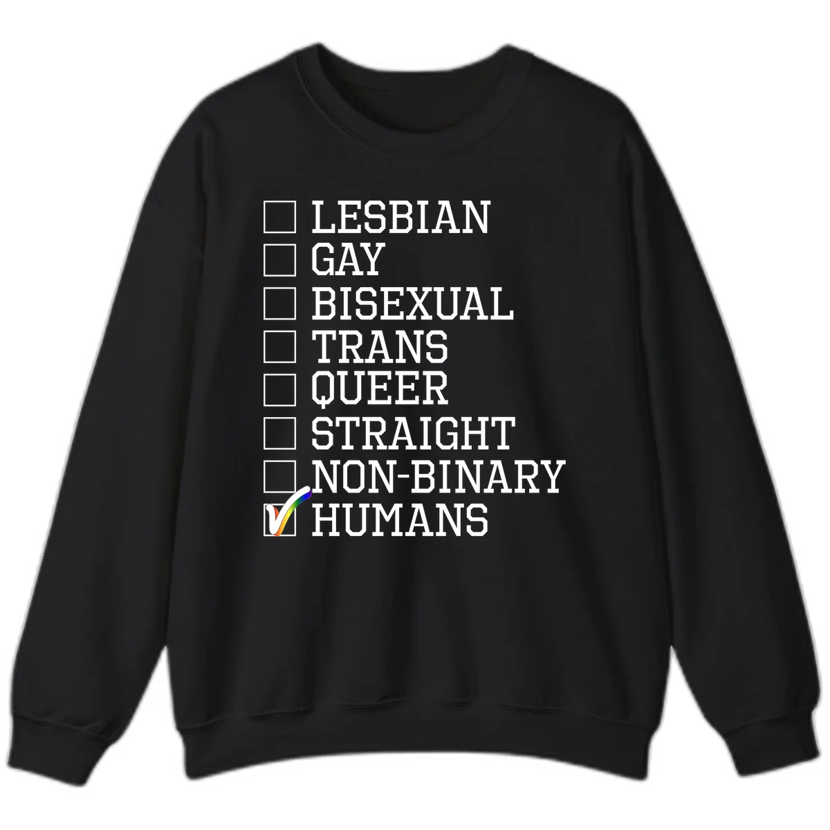 LGBTQ humans checklist design with empty checkboxes next to identity labels and a checked box with rainbow flag next to humans in Black