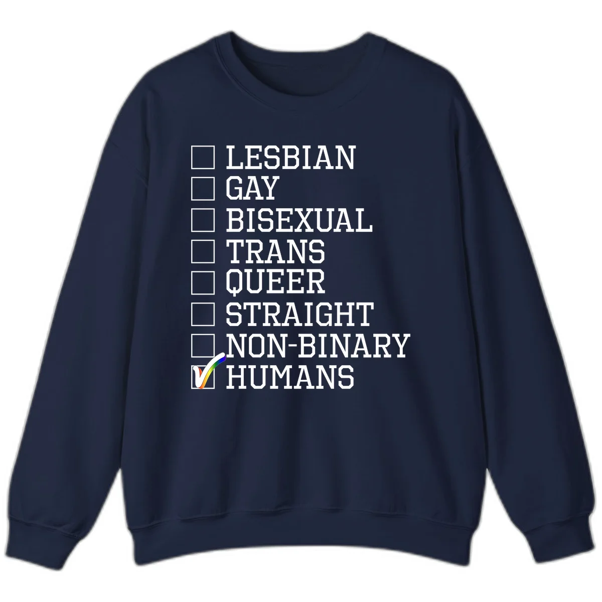 LGBTQ humans checklist design with empty checkboxes next to identity labels and a checked box with rainbow flag next to humans in Navy