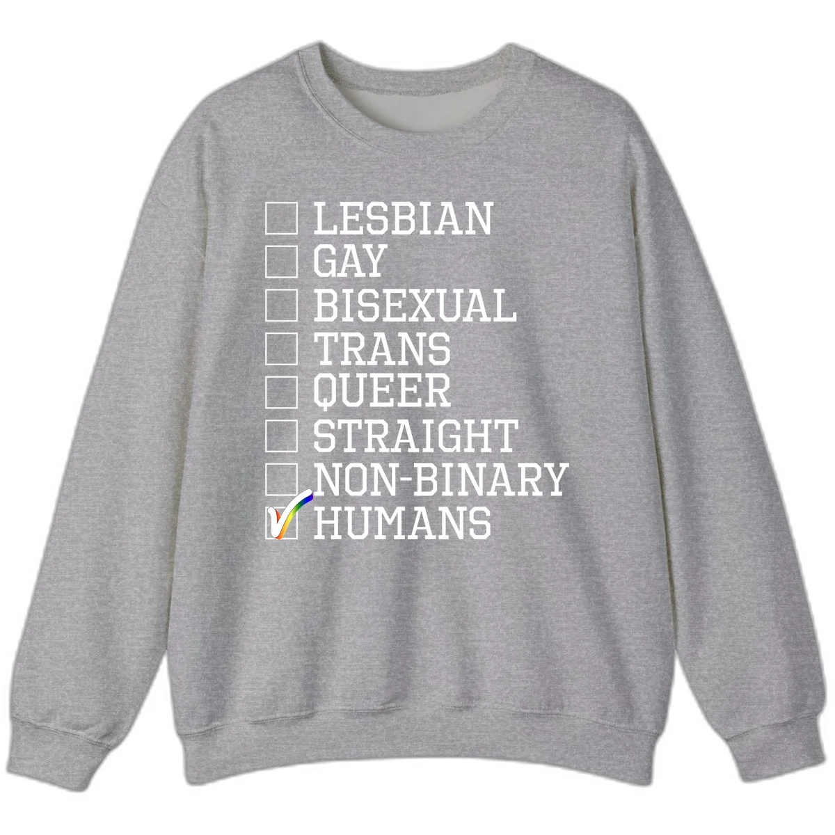 LGBTQ humans checklist design with empty checkboxes next to identity labels and a checked box with rainbow flag next to humans in Sport Grey