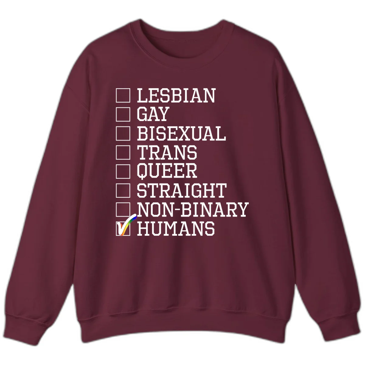 LGBTQ humans checklist design with empty checkboxes next to identity labels and a checked box with rainbow flag next to humans in Maroon
