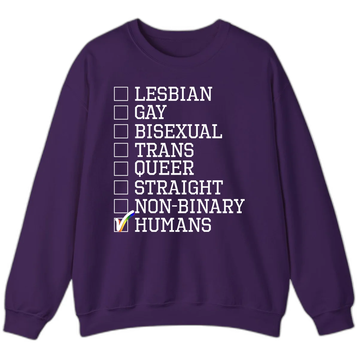 LGBTQ humans checklist design with empty checkboxes next to identity labels and a checked box with rainbow flag next to humans in Purple