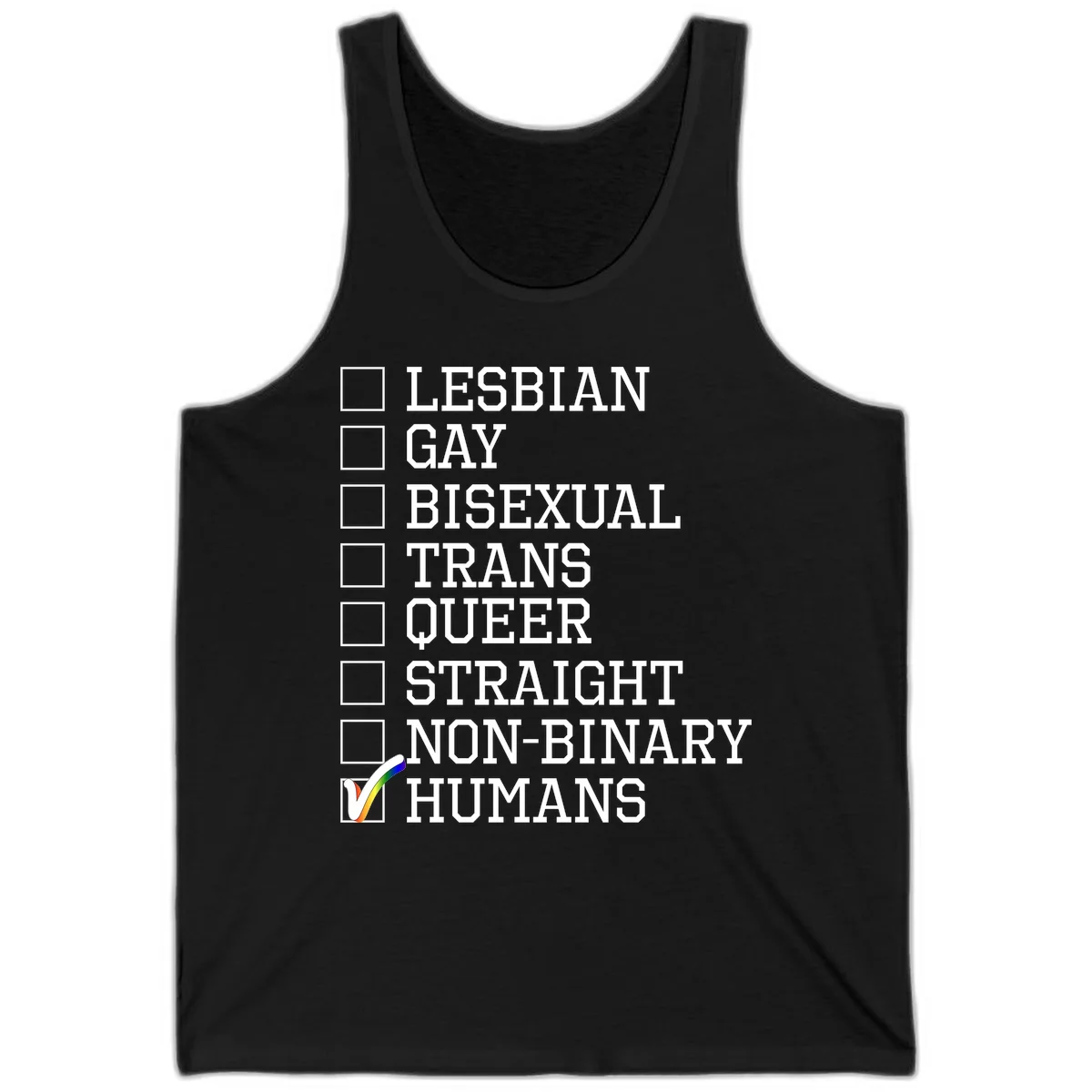 LGBTQ humans checklist design with empty checkboxes next to identity labels and a checked box with rainbow flag next to humans in Black