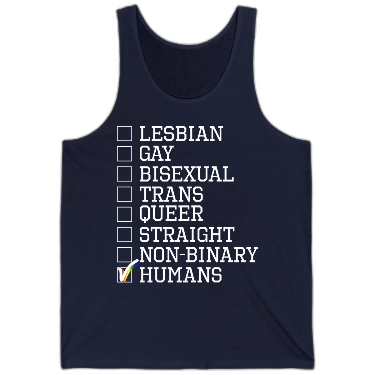 LGBTQ humans checklist design with empty checkboxes next to identity labels and a checked box with rainbow flag next to humans in Navy