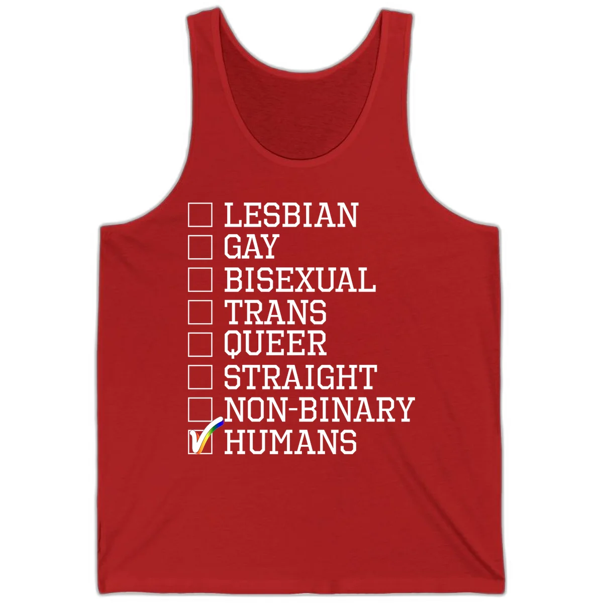 LGBTQ humans checklist design with empty checkboxes next to identity labels and a checked box with rainbow flag next to humans in Red