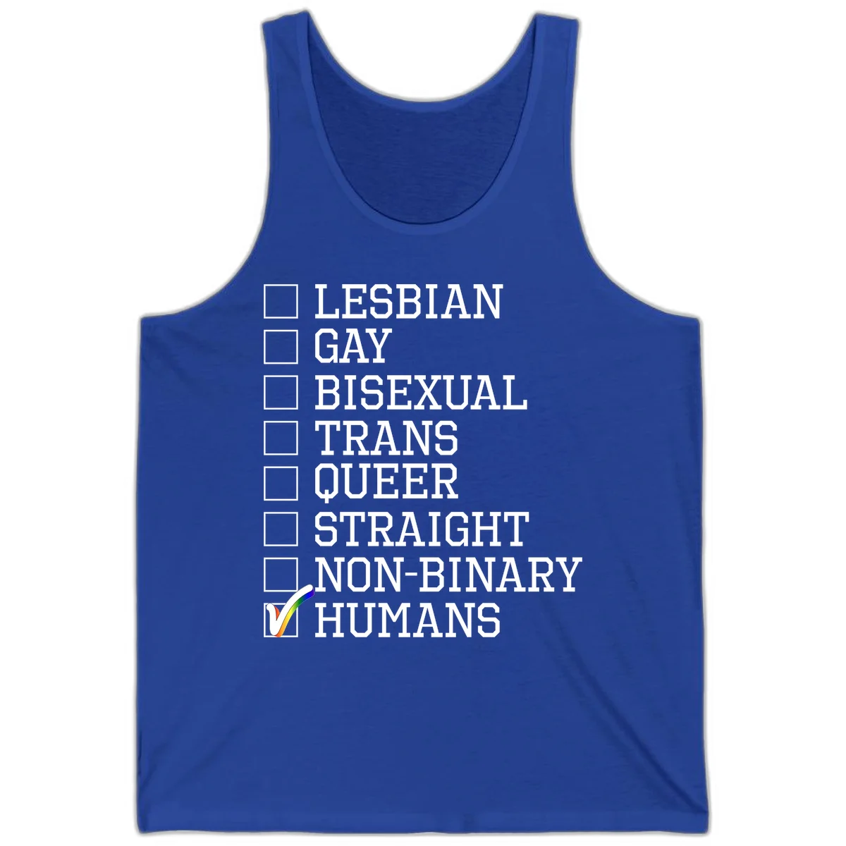 LGBTQ humans checklist design with empty checkboxes next to identity labels and a checked box with rainbow flag next to humans in True Royal