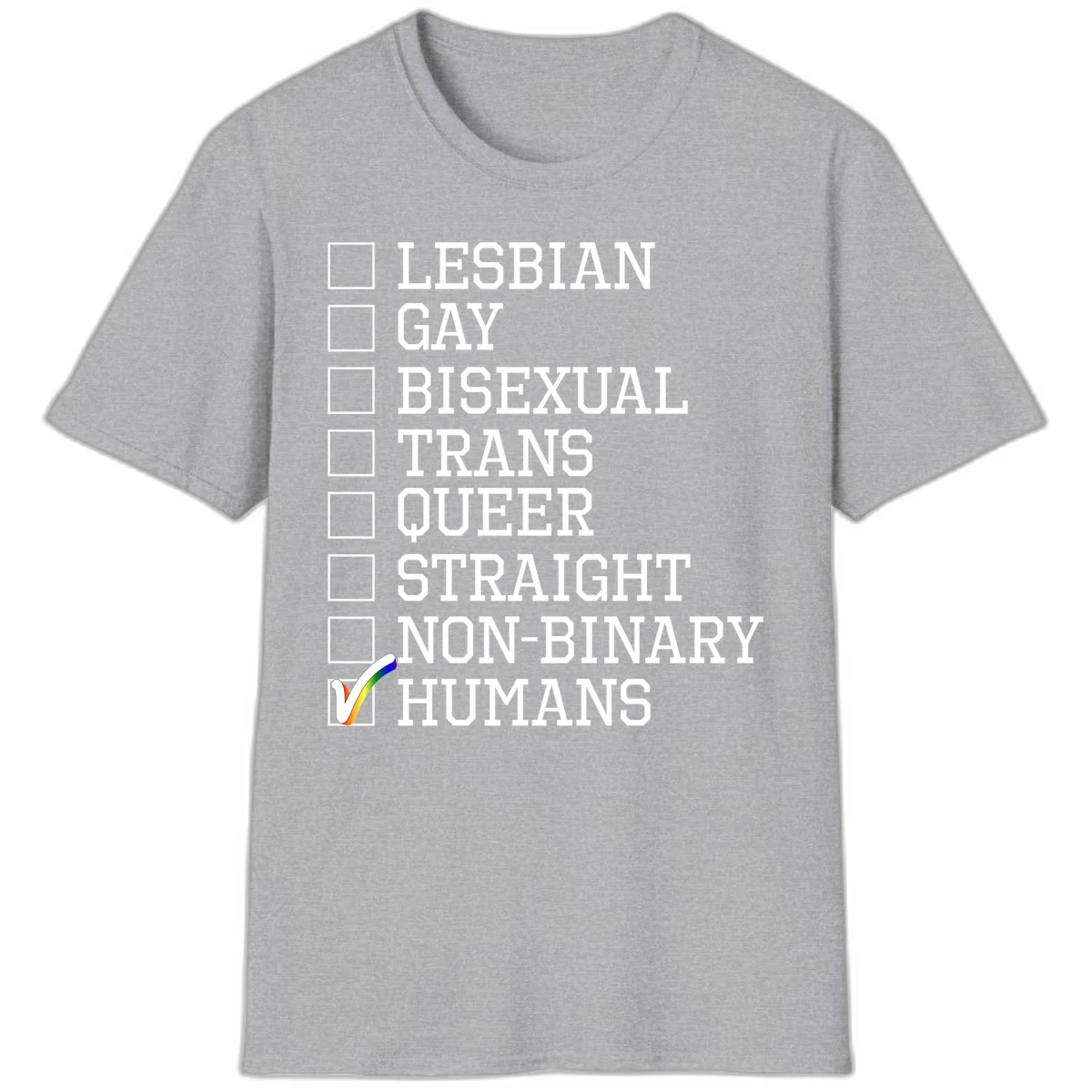 LGBTQ humans checklist design with empty checkboxes next to identity labels and a checked box with rainbow flag next to humans in Sport Grey